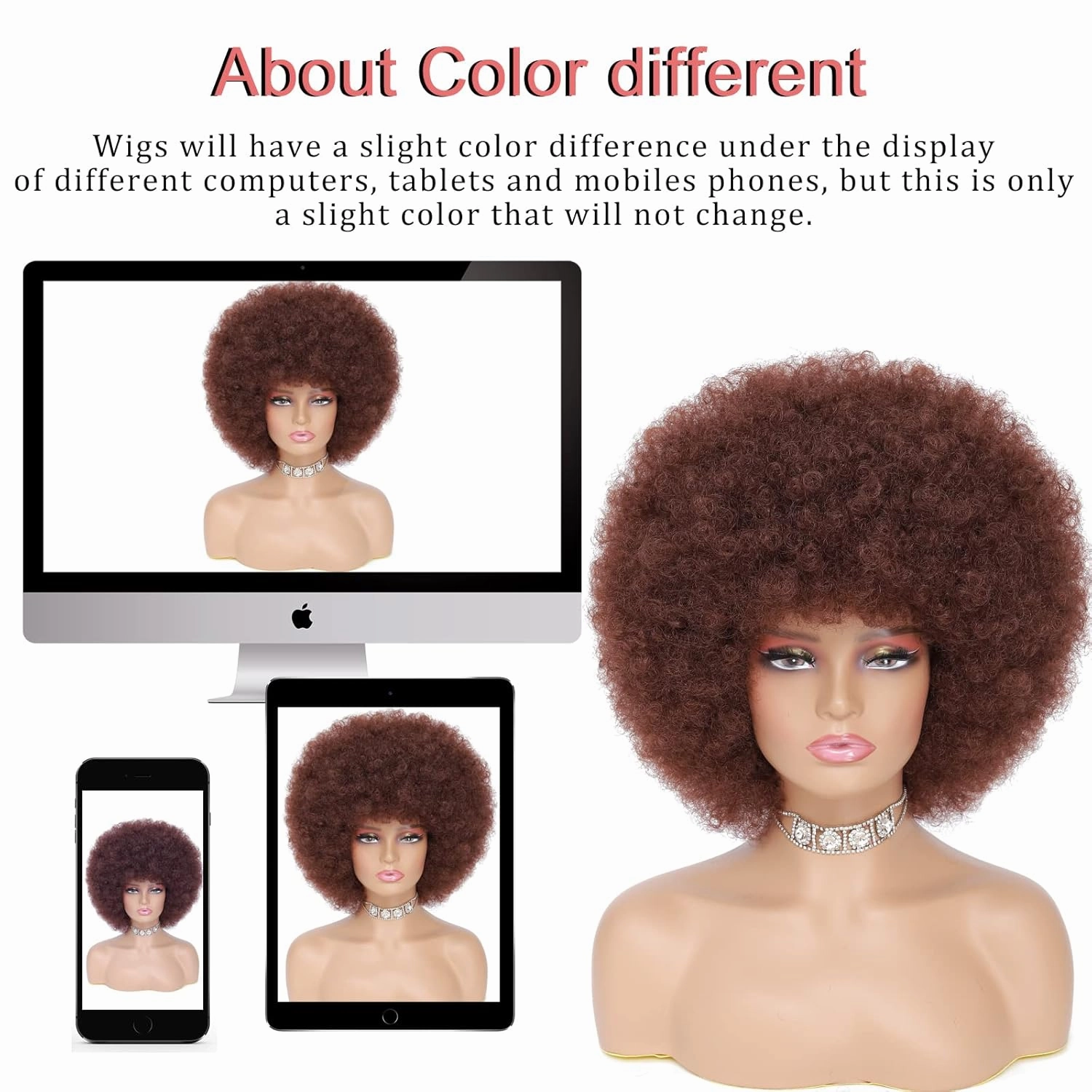 70s Afro Kinky Curly Wig For Women, Brown, Synthetic Fibers, Soft, Bouncy, Natural Looking, With Bangs