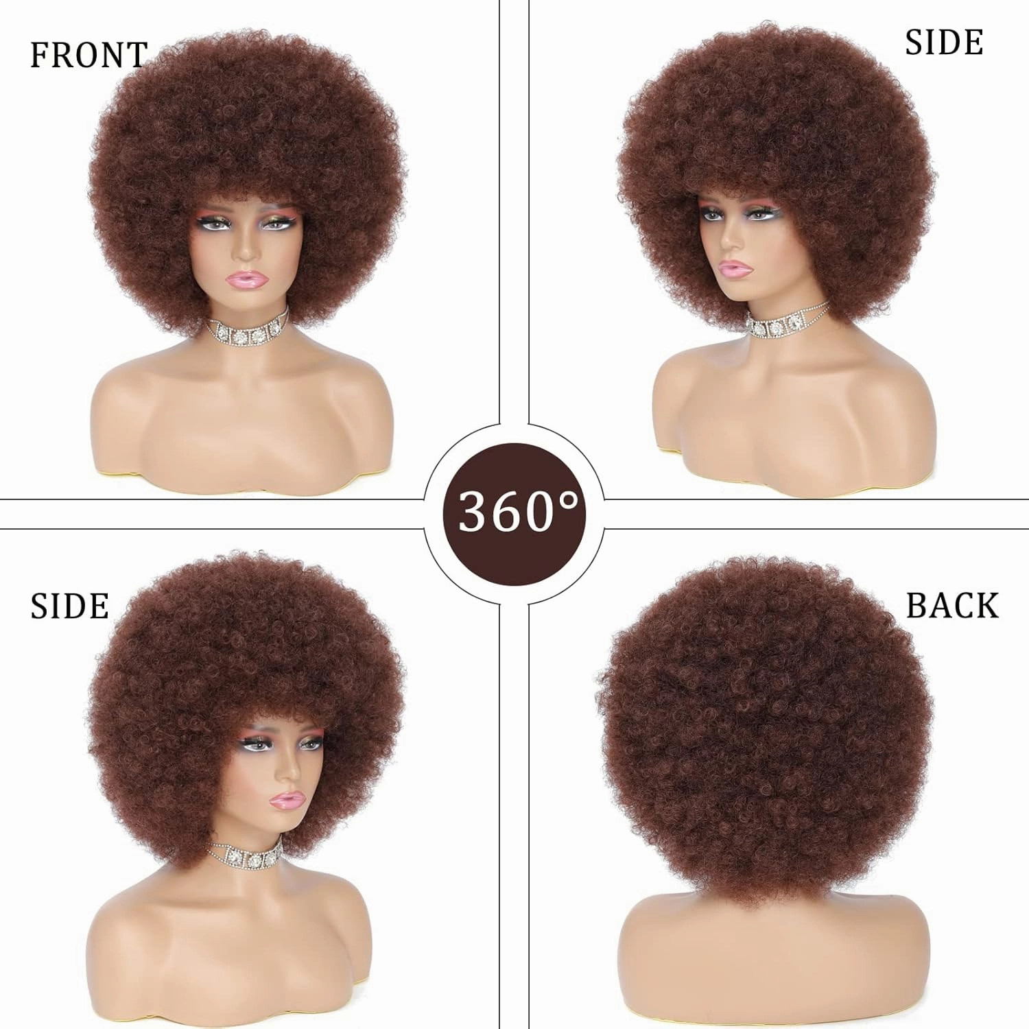 70s Afro Kinky Curly Wig For Women, Brown, Synthetic Fibers, Soft, Bouncy, Natural Looking, With Bangs