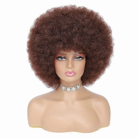 70s Afro Kinky Curly Wig For Women, Brown, Synthetic Fibers, Soft, Bouncy, Natural Looking, With Bangs