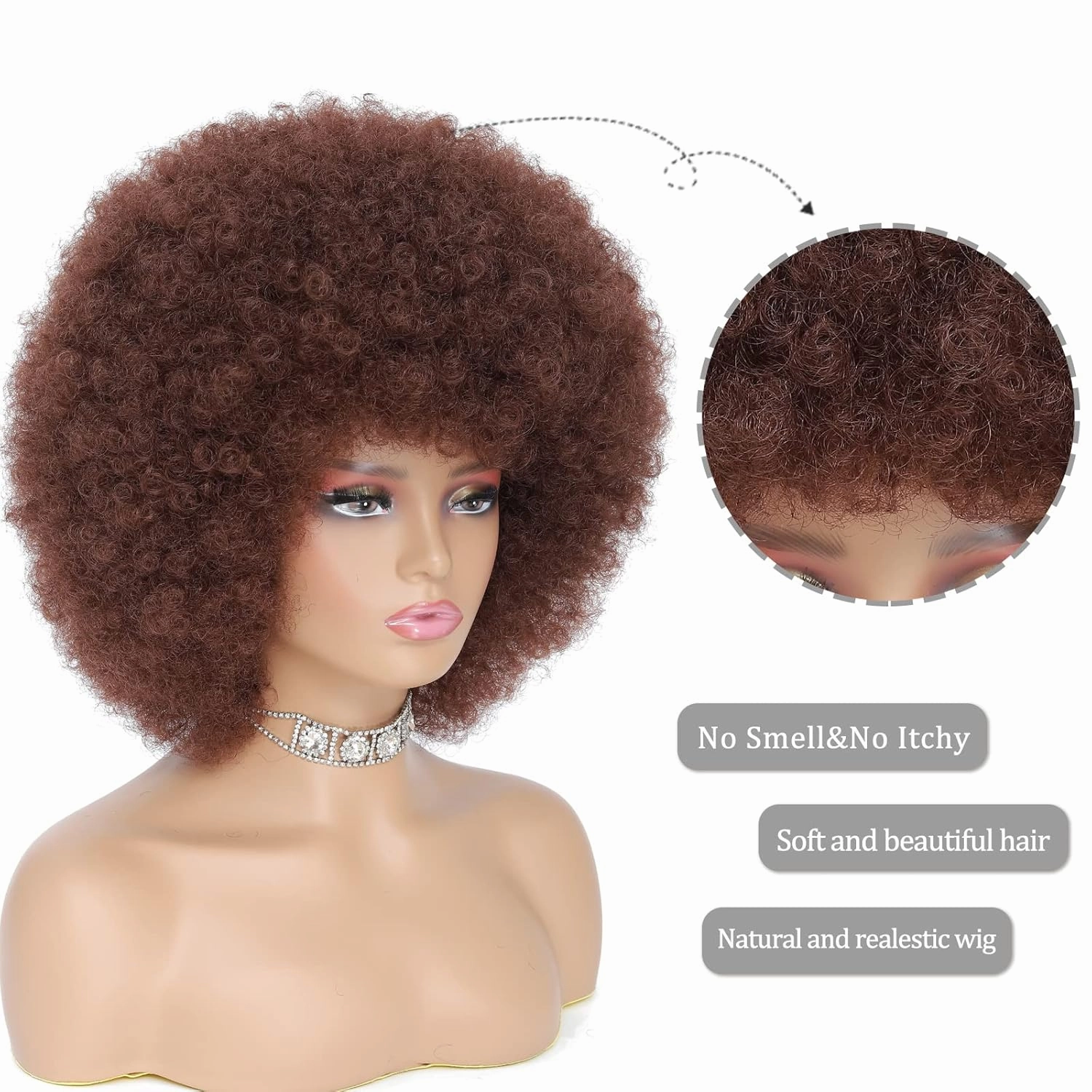 70s Afro Kinky Curly Wig For Women, Brown, Synthetic Fibers, Soft, Bouncy, Natural Looking, With Bangs