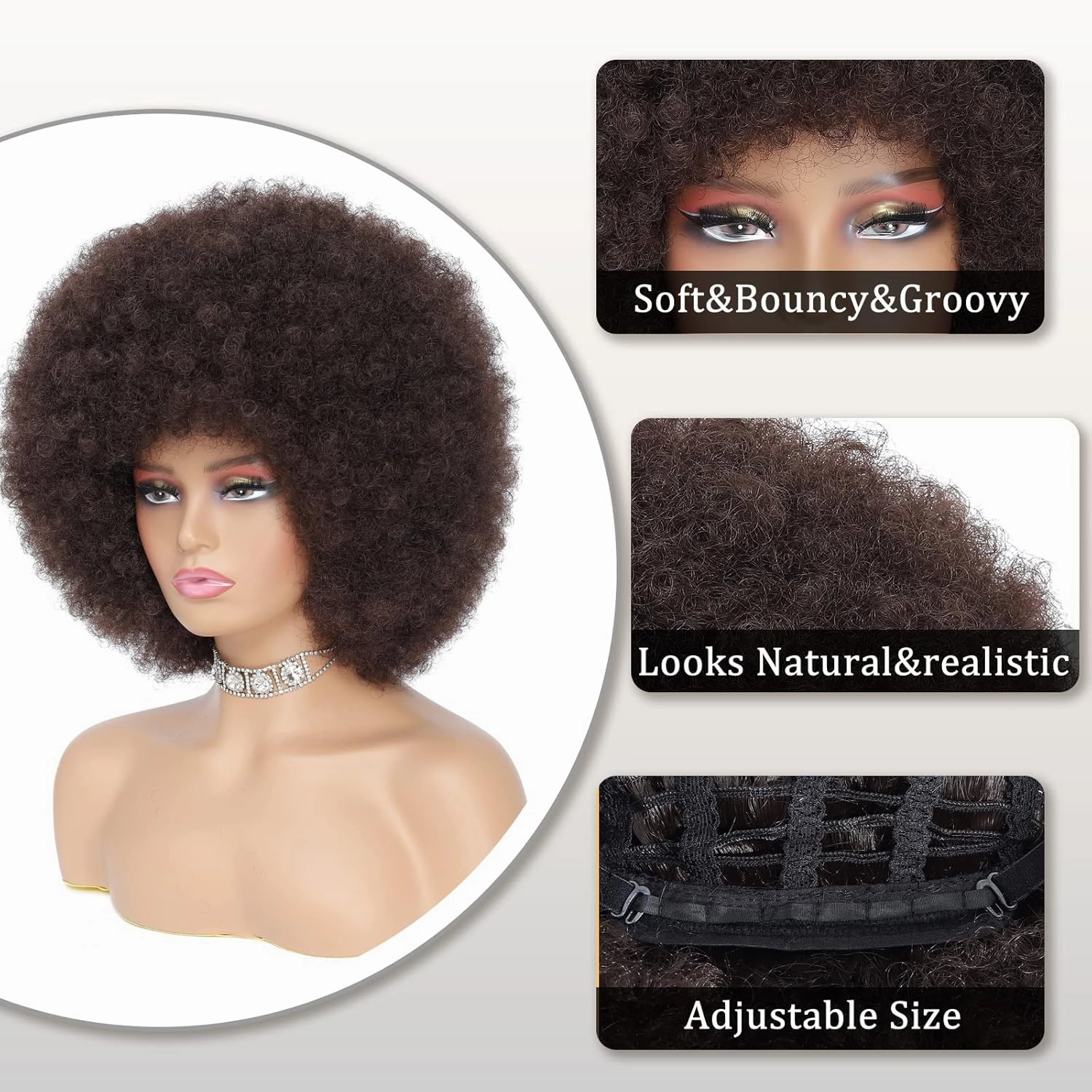 70s Afro Kinky Curly Wig For Women, Dark Brown, Synthetic Fibers, Soft, Bouncy, No Shedding, Adjustable Straps, 100% Warranty