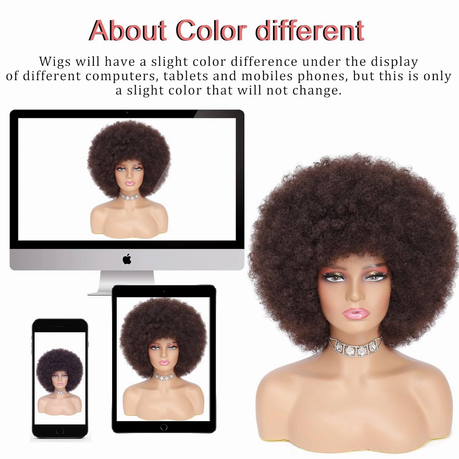 70s Afro Kinky Curly Wig For Women, Dark Brown, Synthetic Fibers, Soft, Bouncy, No Shedding, Adjustable Straps, 100% Warranty