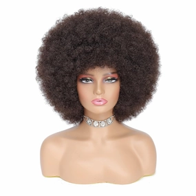 70s Afro Kinky Curly Wig For Women, Dark Brown, Synthetic Fibers, Soft, Bouncy, No Shedding, Adjustable Straps, 100% Warranty