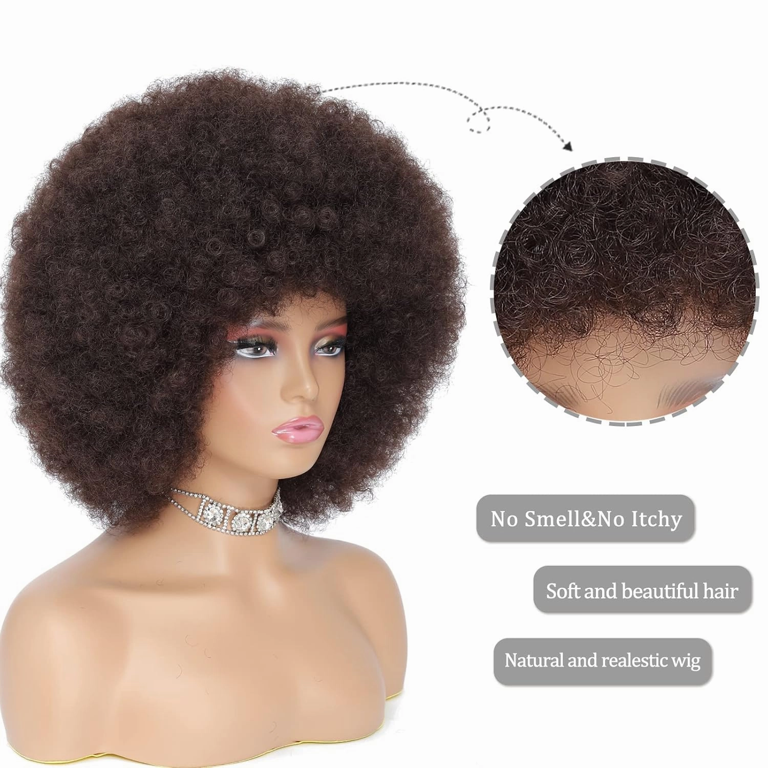 70s Afro Kinky Curly Wig For Women, Dark Brown, Synthetic Fibers, Soft, Bouncy, No Shedding, Adjustable Straps, 100% Warranty