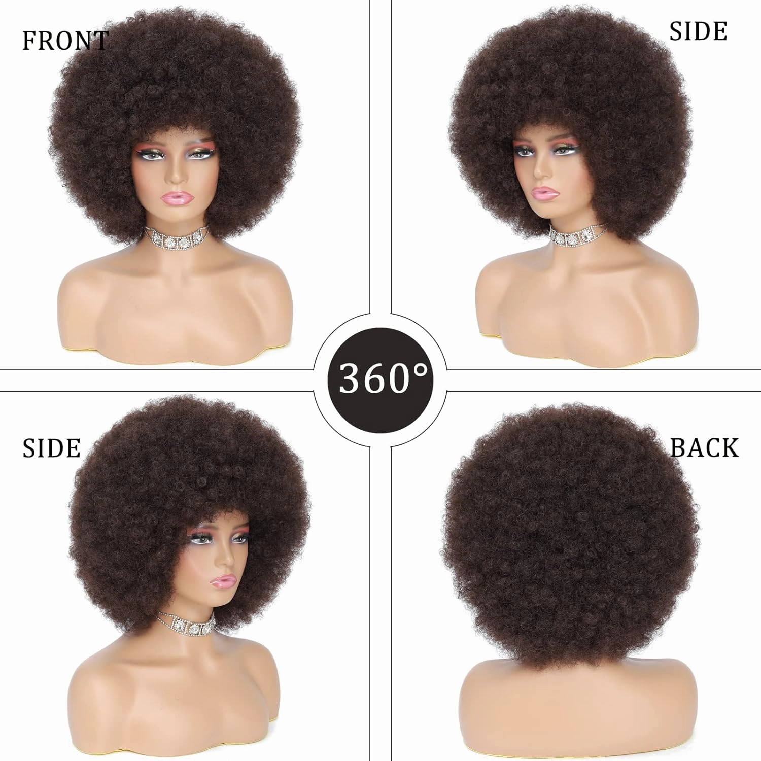 70s Afro Kinky Curly Wig For Women, Dark Brown, Synthetic Fibers, Soft, Bouncy, No Shedding, Adjustable Straps, 100% Warranty
