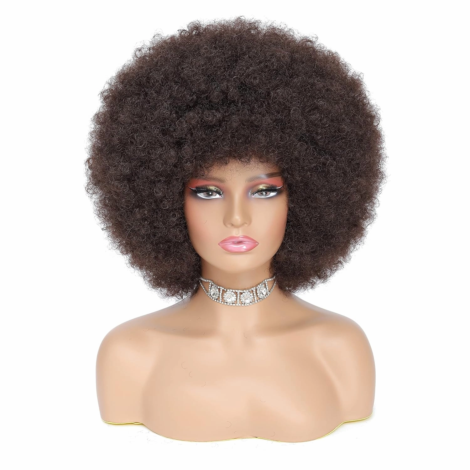 70s Afro Kinky Curly Wig For Women, Dark Brown, Synthetic Fibers, Soft, Bouncy, No Shedding, Adjustable Straps, 100% Warranty