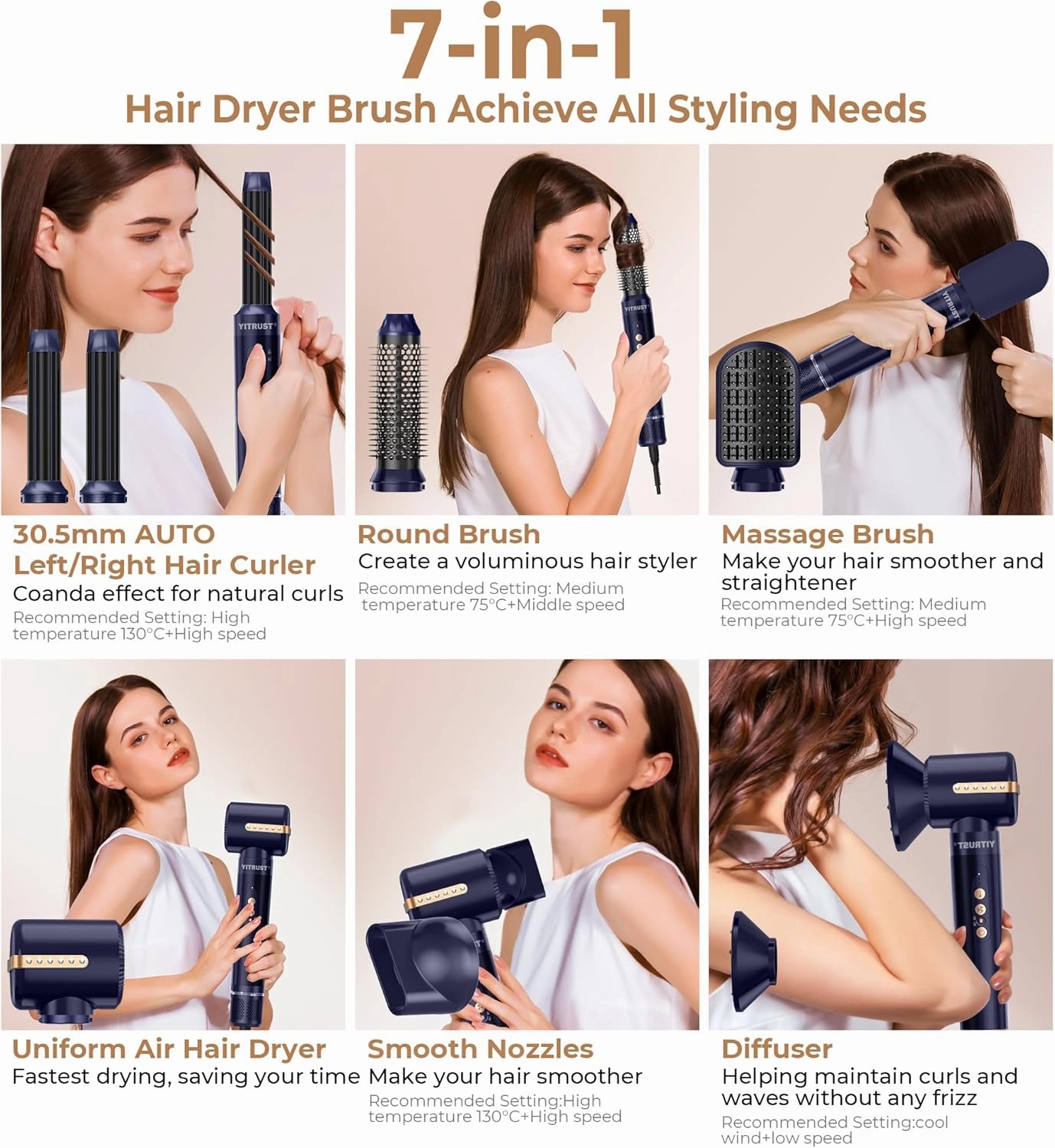 7 in ONE Hair Dryer Brush, Powerful Blow Dryer Brush with Auto- Wrap Curler, Detachable Fast Drying, Volumizing, Curling, Straightening, Ionic Hair Dryer with Diffuser, Hair Styling Tools Storage Case