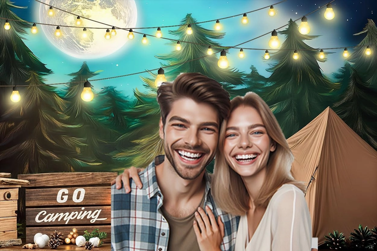 7 x 5 ft Gone Camping Backdrop Forest Happy Camper Campfire Tent Adventure Photography Background Newborn Portrait Photo Studio Decoration Banner Props for Cake Smash