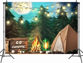 7 x 5 ft Gone Camping Backdrop Forest Happy Camper Campfire Tent Adventure Photography Background Newborn Portrait Photo Studio Decoration Banner Props for Cake Smash