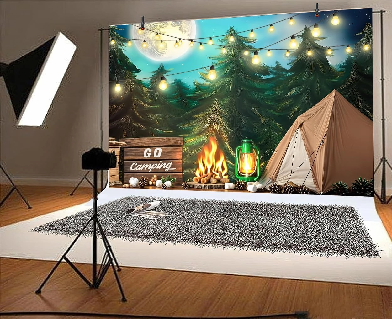 7 x 5 ft Gone Camping Backdrop Forest Happy Camper Campfire Tent Adventure Photography Background Newborn Portrait Photo Studio Decoration Banner Props for Cake Smash