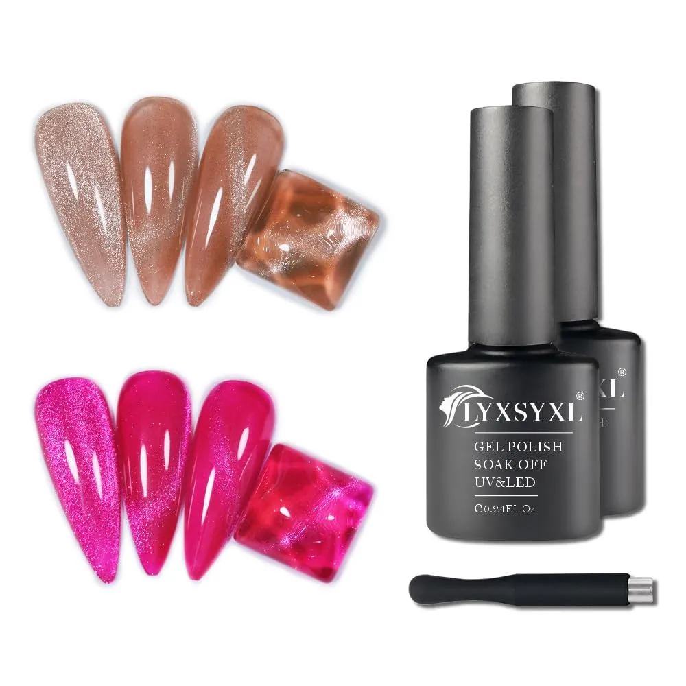 7ml Crystal Cat Eye Gel Nail Polish Magnetic Nail Polish Set Bright Silver UV Gel Polish Shiny Diamond Glitter Gel with Magnet Stick (2PCS-Beige Dark Pink)