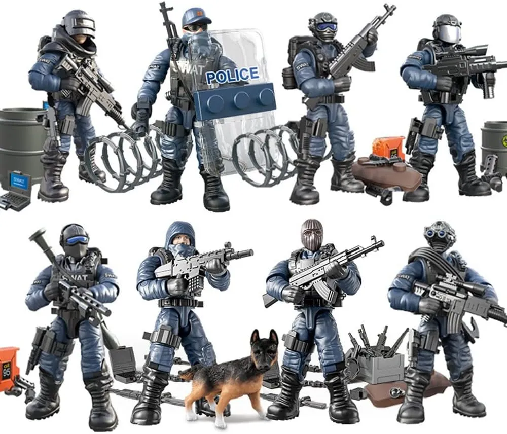 8 PCS Building Block City Policeman Action Mini-Figures with Multiple Military Weapons Accessories SWAT Model Equipment Assembly Building Toys Party Favors Gift for Boys