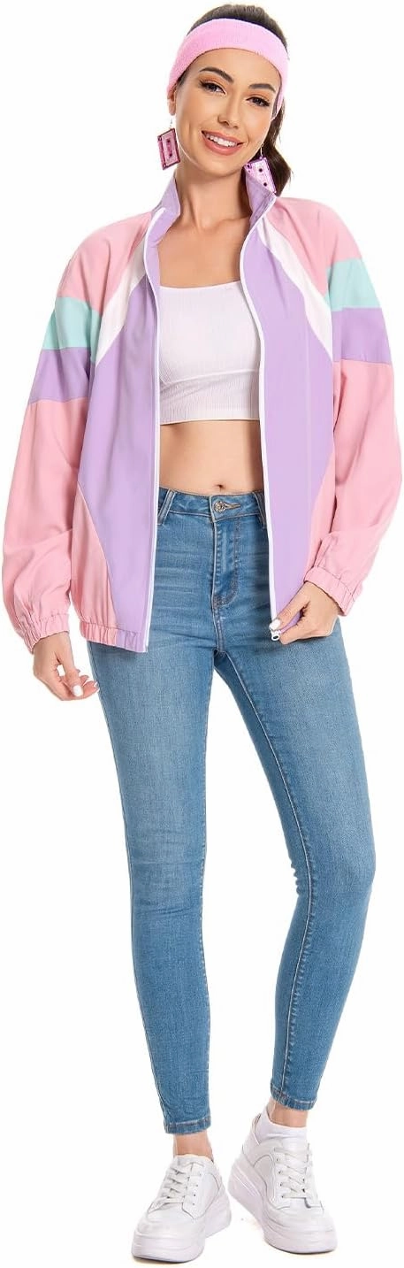80s Jacket Neon Color Block Bomber Jacket Patchwork Windbreaker Rave Tracksuit Casual Lightweight Jackets
