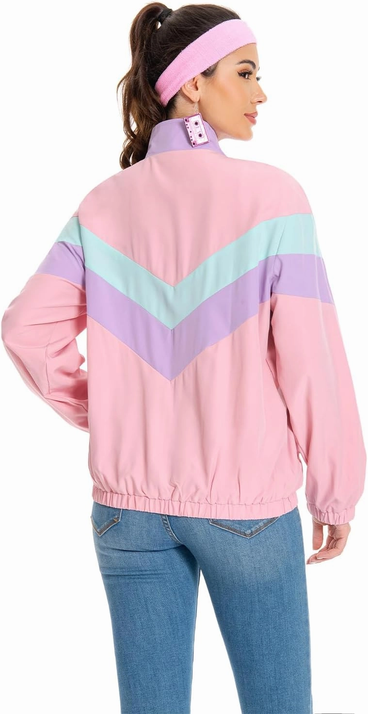 80s Jacket Neon Color Block Bomber Jacket Patchwork Windbreaker Rave Tracksuit Casual Lightweight Jackets