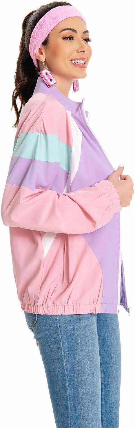 80s Jacket Neon Color Block Bomber Jacket Patchwork Windbreaker Rave Tracksuit Casual Lightweight Jackets