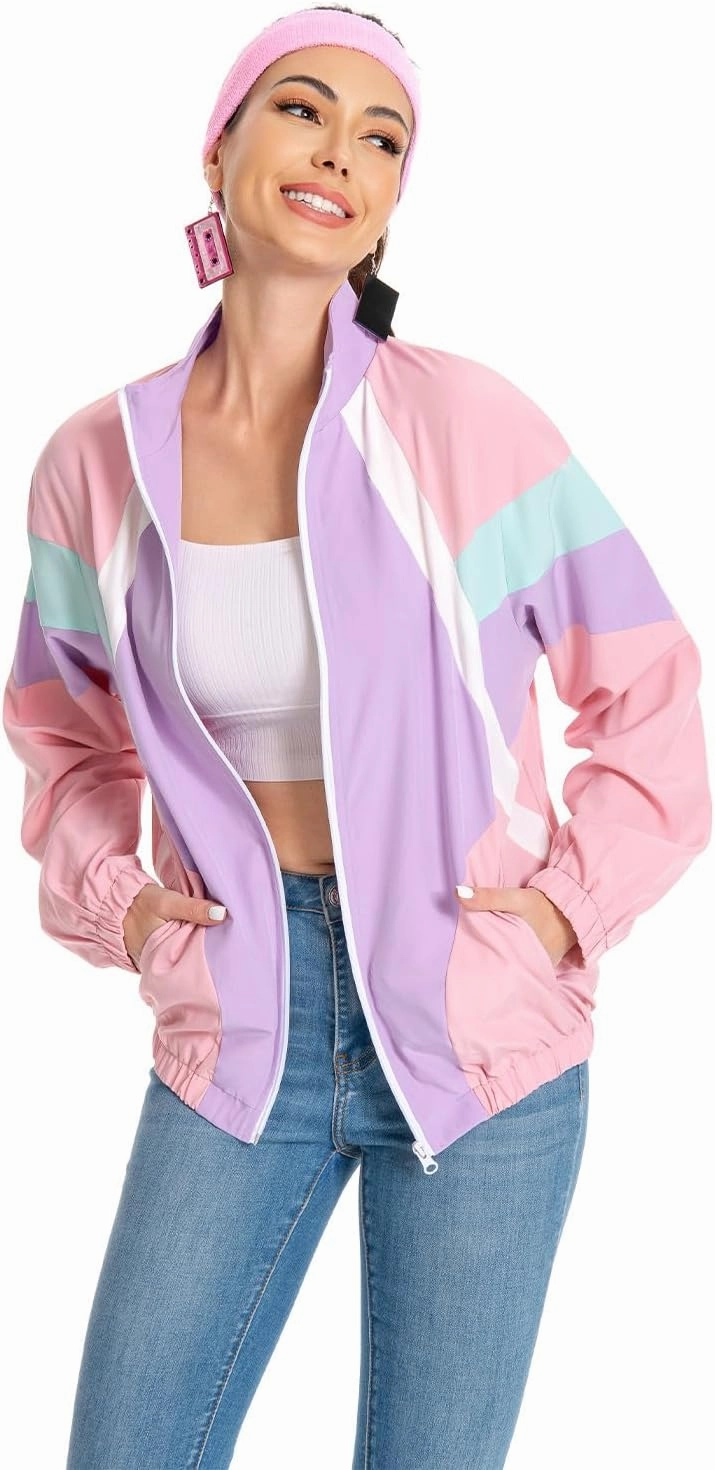 80s Jacket Neon Color Block Bomber Jacket Patchwork Windbreaker Rave Tracksuit Casual Lightweight Jackets