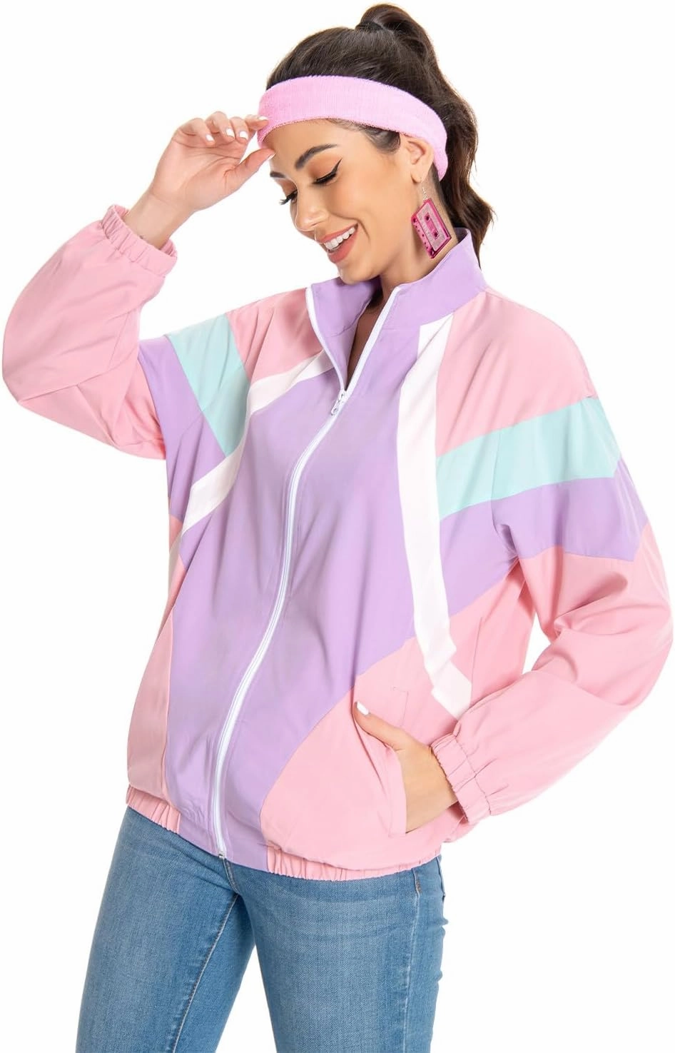 80s Jacket Neon Color Block Bomber Jacket Patchwork Windbreaker Rave Tracksuit Casual Lightweight Jackets