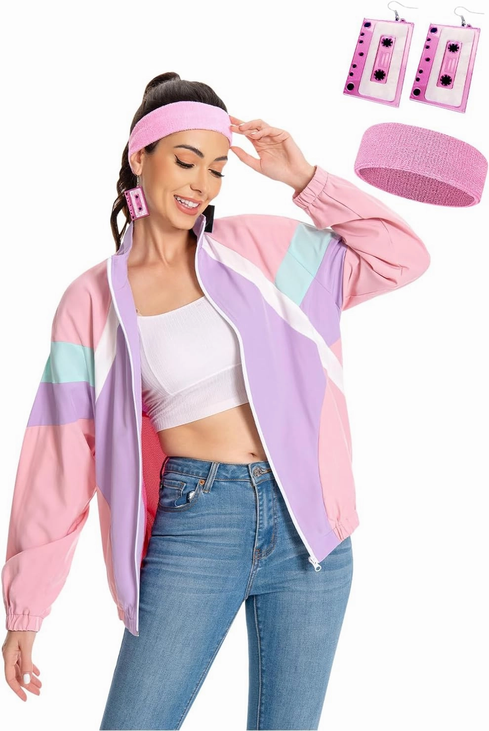 80s Jacket Neon Color Block Bomber Jacket Patchwork Windbreaker Rave Tracksuit Casual Lightweight Jackets