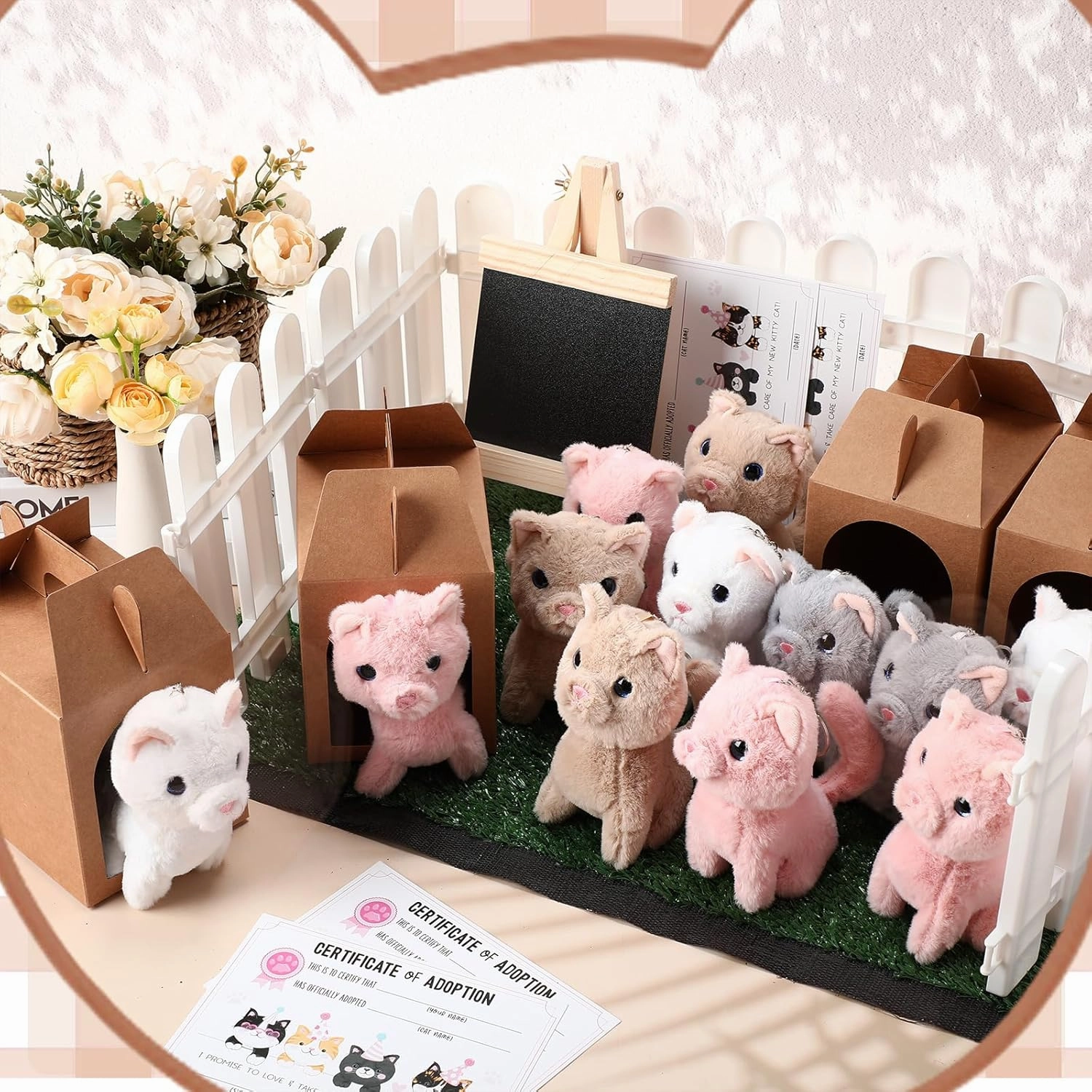 84 Pcs Adopt a Pet Party Favors 24 Mini Plush Stuffed Animals 10 White Plastic Fence 24 Paper Gift Boxes 24 Adoption Cards with Mini Chalkboard and Artificial Lawn(Cat)