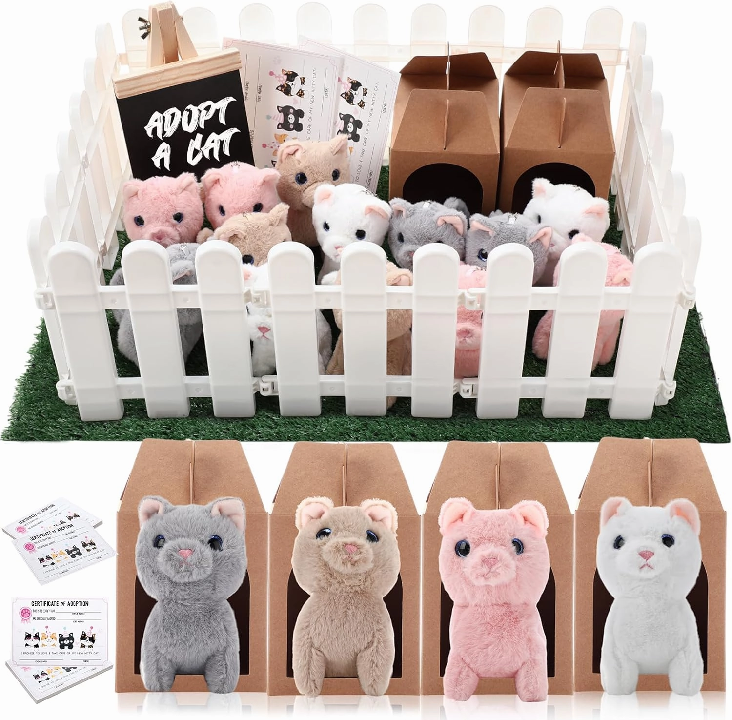 84 Pcs Adopt a Pet Party Favors 24 Mini Plush Stuffed Animals 10 White Plastic Fence 24 Paper Gift Boxes 24 Adoption Cards with Mini Chalkboard and Artificial Lawn(Cat)