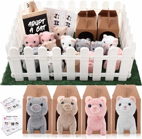 84 Pcs Adopt a Pet Party Favors 24 Mini Plush Stuffed Animals 10 White Plastic Fence 24 Paper Gift Boxes 24 Adoption Cards with Mini Chalkboard and Artificial Lawn(Cat)