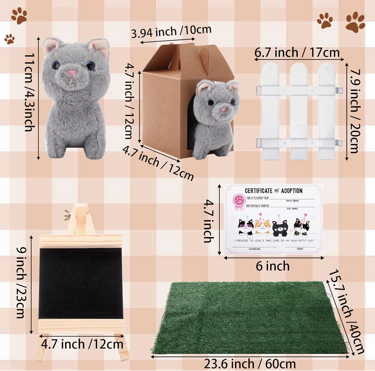 84 Pcs Adopt a Pet Party Favors 24 Mini Plush Stuffed Animals 10 White Plastic Fence 24 Paper Gift Boxes 24 Adoption Cards with Mini Chalkboard and Artificial Lawn(Cat)