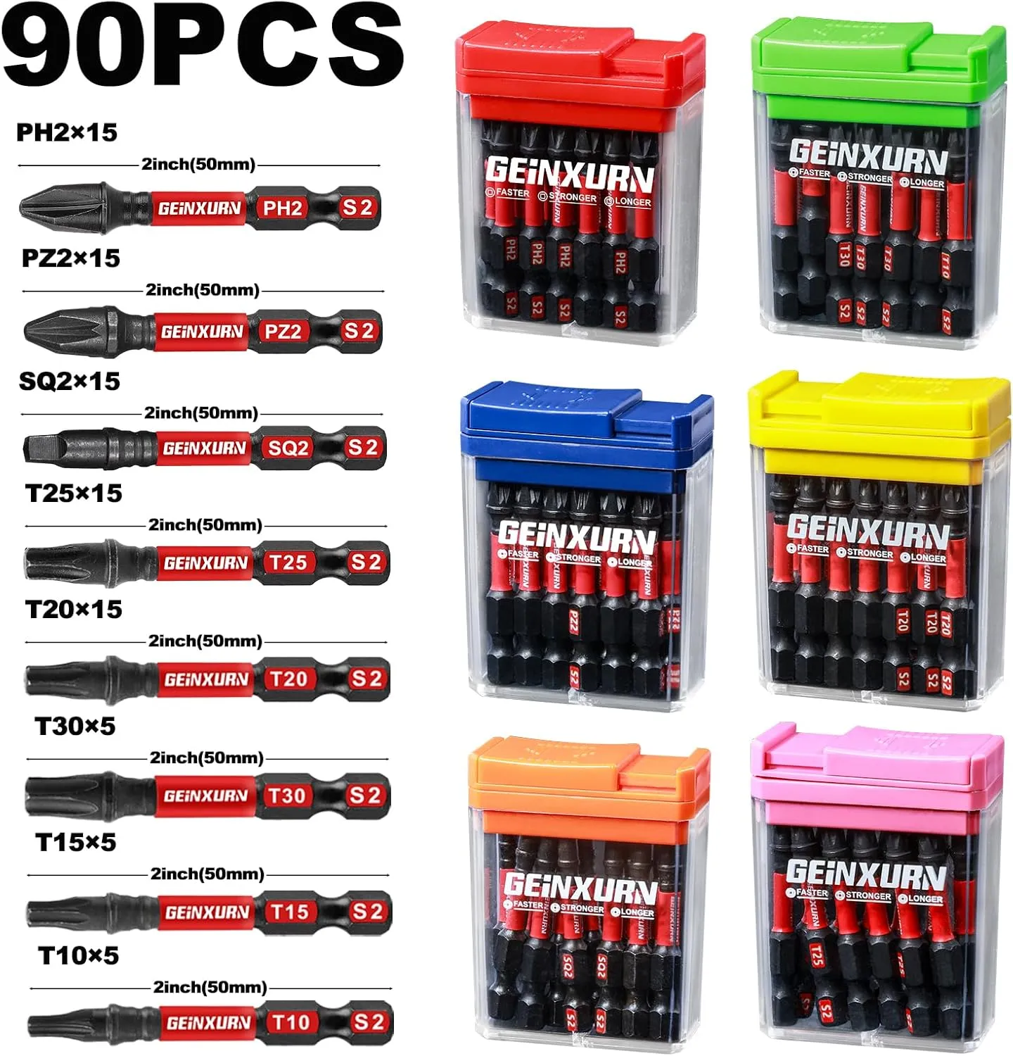 90Pieces Impact Screwdriver Bits Set with Colorful Boxes, 2" Magnetic (PH2,PZ2,SQ2,T10,T15,T20,T25,T30) S2 Steel Multi Driver Bits