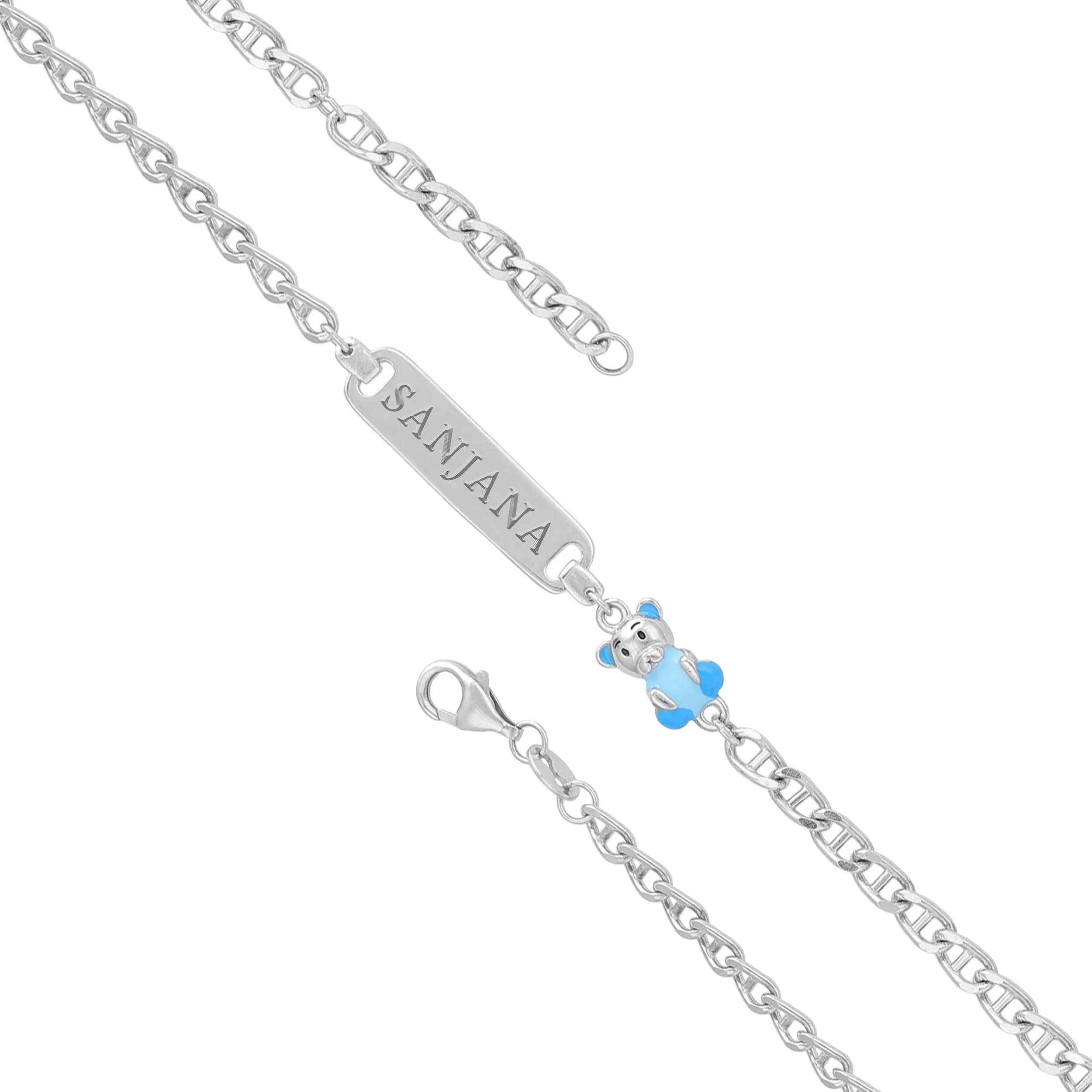 925 Sterling Silver Blue Teddy Bear Nameplate Bracelet for Women