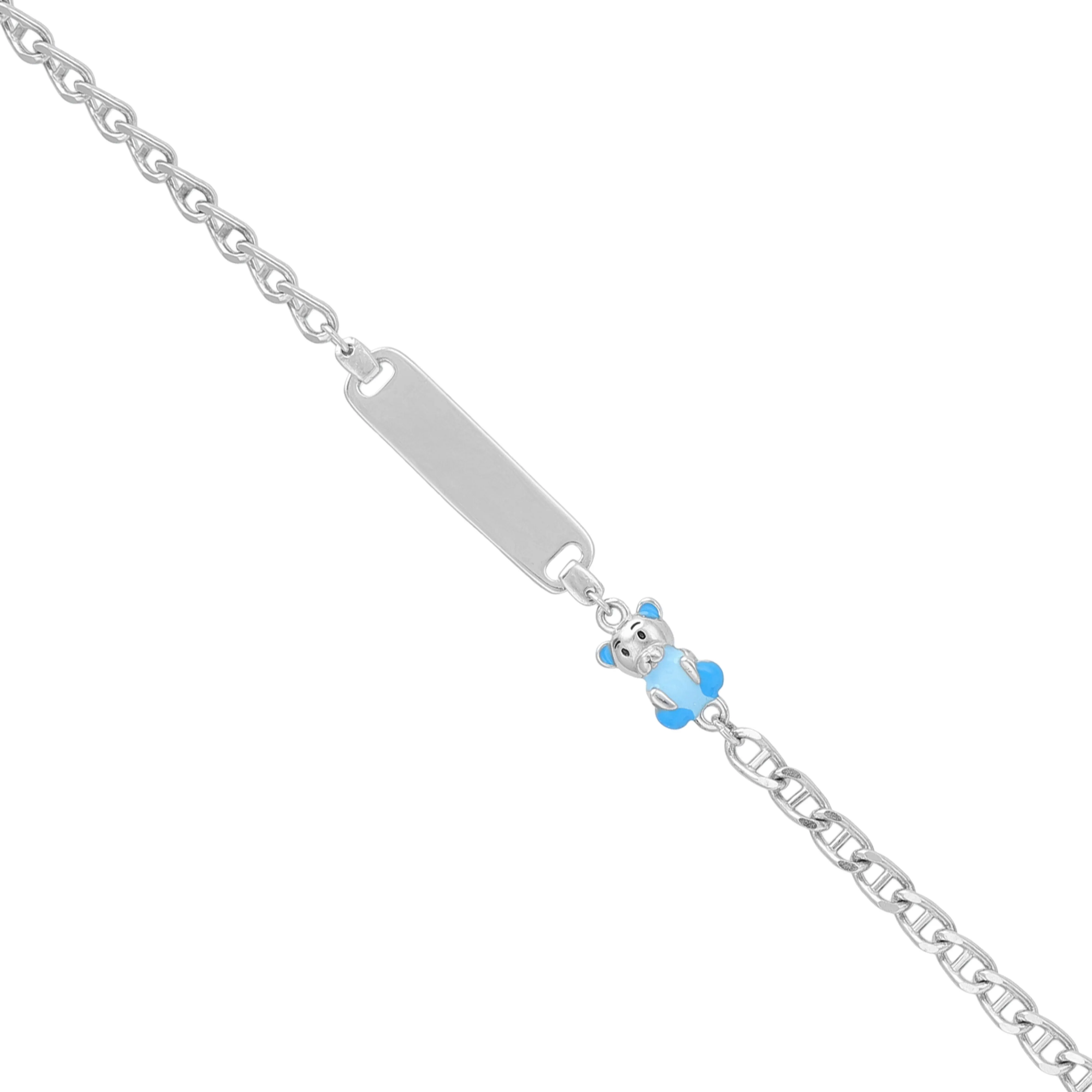 925 Sterling Silver Blue Teddy Bear Nameplate Bracelet for Women