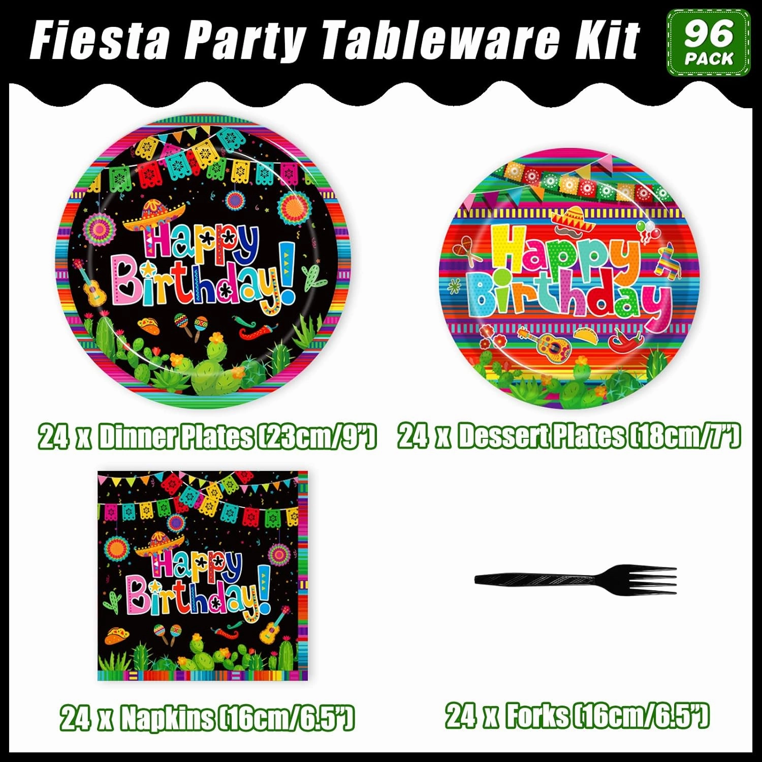 96 Pcs Mexican Birthday Party Plates, Fiesta Party Decorations Supplies Cinco De Mayo Carnival Birthday Disposable Paper Plates Napkins Colorful Stripe Serape Baby Shower Tableware, Serves 24