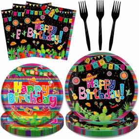 96 Pcs Mexican Birthday Party Plates, Fiesta Party Decorations Supplies Cinco De Mayo Carnival Birthday Disposable Paper Plates Napkins Colorful Stripe Serape Baby Shower Tableware, Serves 24