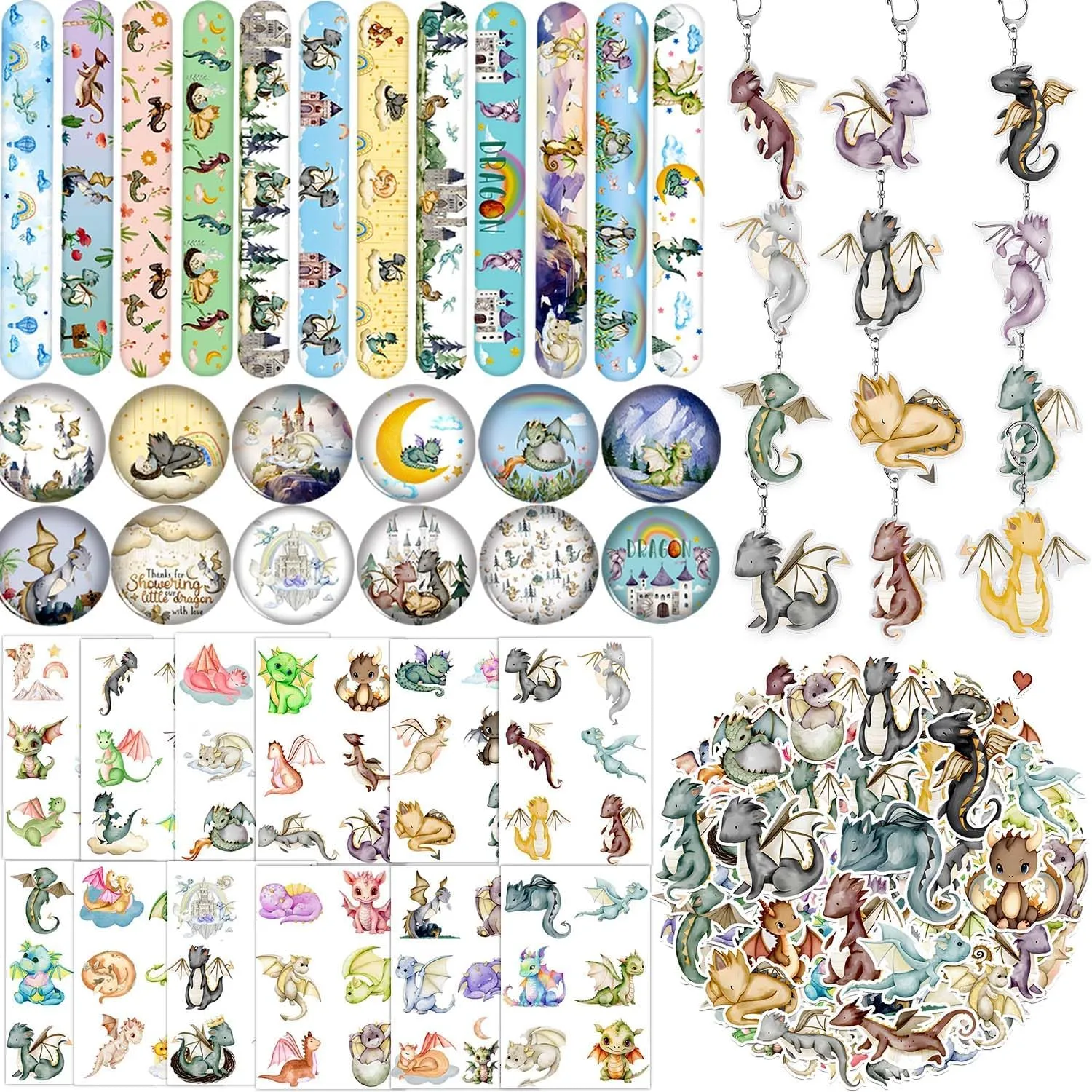 98PCS Dragon Party Favors Dragon Knight Birthday Decorations with Magical Dragon Slap Bracelets Dragons Stickers Dragon Badge Dragon Keychains Dragon Tattoos for Dragon Baby Shower Supplies