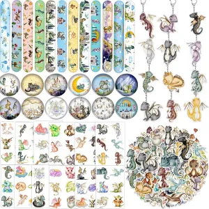 98PCS Dragon Party Favors Dragon Knight Birthday Decorations with Magical Dragon Slap Bracelets Dragons Stickers Dragon Badge Dragon Keychains Dragon Tattoos for Dragon Baby Shower Supplies
