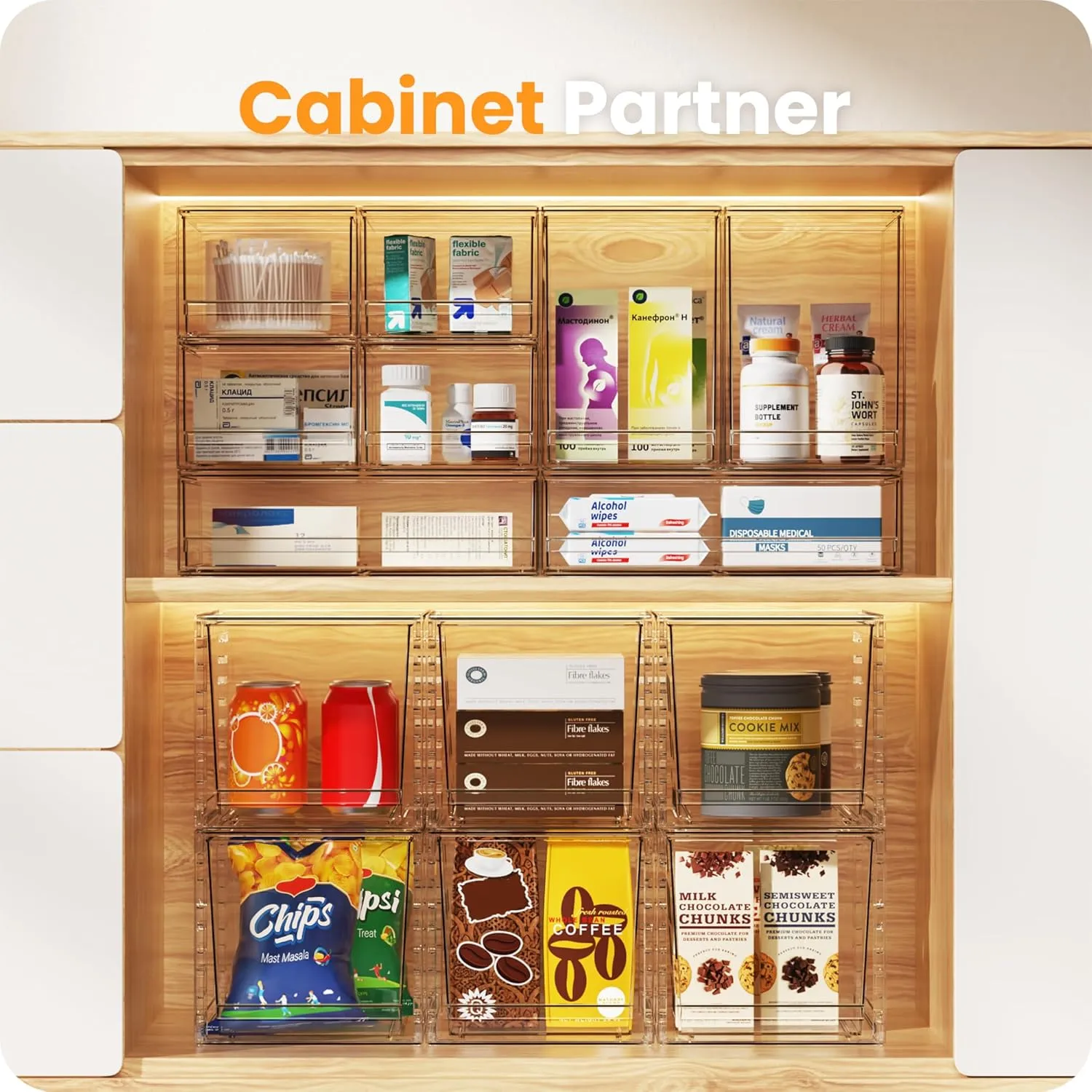 【𝟰𝗣𝗖𝗦】A-LUGEI Acrylic Stackable Storage Drawers, 11.8"W Makeup Organizer, Bathroom Organizer and Storage, Plastic Storage Bins for Kitchen Cabinet Pantry Medicine Fridge