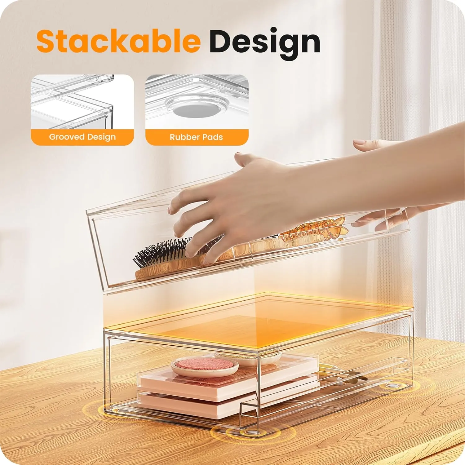【𝟰𝗣𝗖𝗦】A-LUGEI Acrylic Stackable Storage Drawers, 11.8"W Makeup Organizer, Bathroom Organizer and Storage, Plastic Storage Bins for Kitchen Cabinet Pantry Medicine Fridge