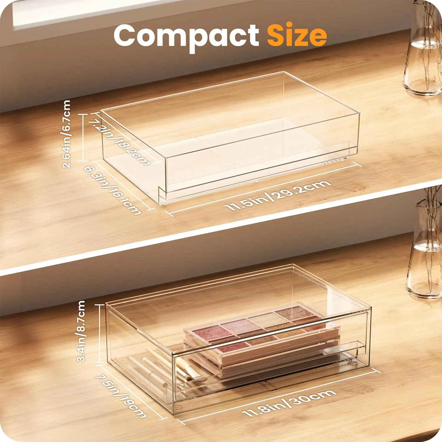 【𝟰𝗣𝗖𝗦】A-LUGEI Acrylic Stackable Storage Drawers, 11.8"W Makeup Organizer, Bathroom Organizer and Storage, Plastic Storage Bins for Kitchen Cabinet Pantry Medicine Fridge