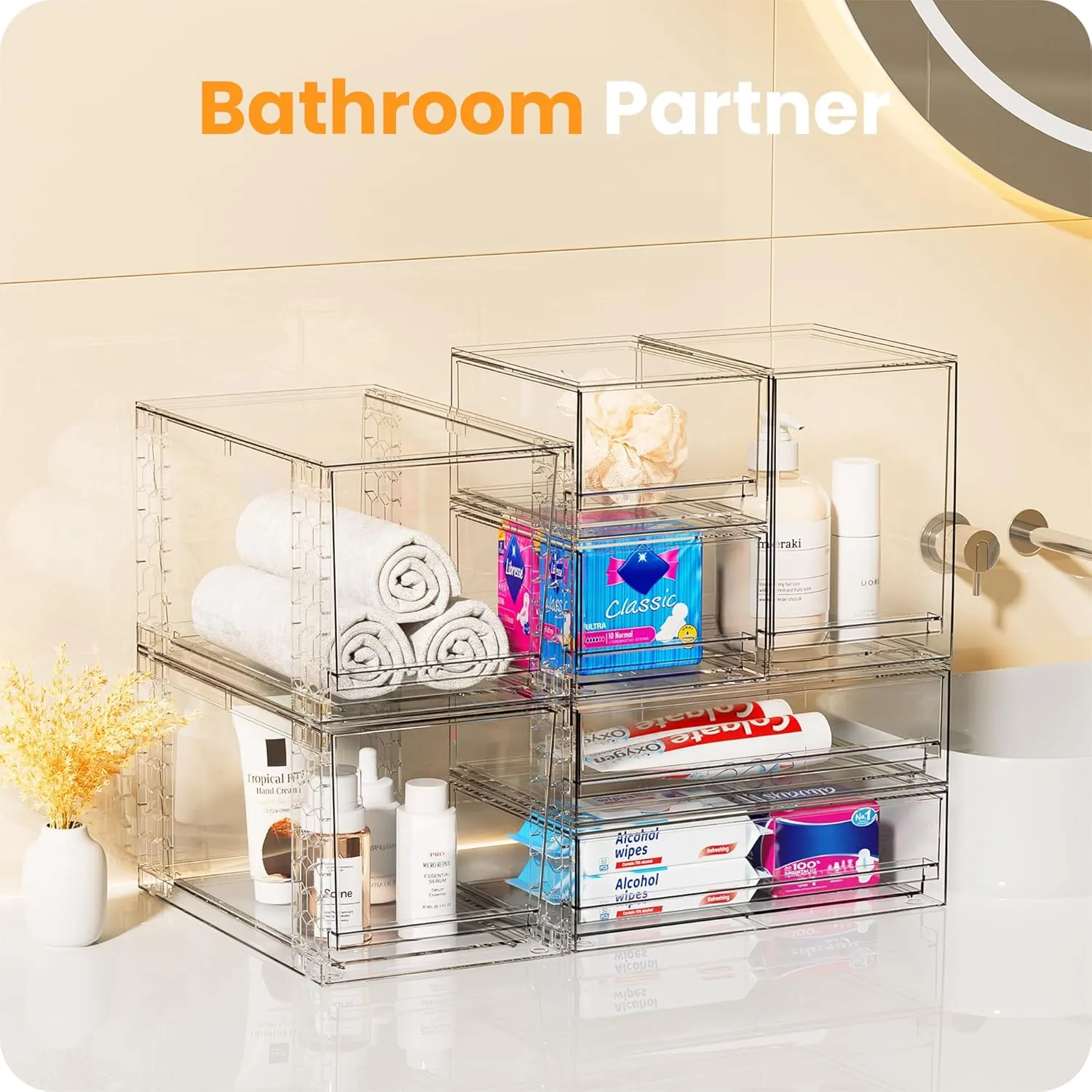 【𝟰𝗣𝗖𝗦】A-LUGEI Acrylic Stackable Storage Drawers, 11.8"W Makeup Organizer, Bathroom Organizer and Storage, Plastic Storage Bins for Kitchen Cabinet Pantry Medicine Fridge