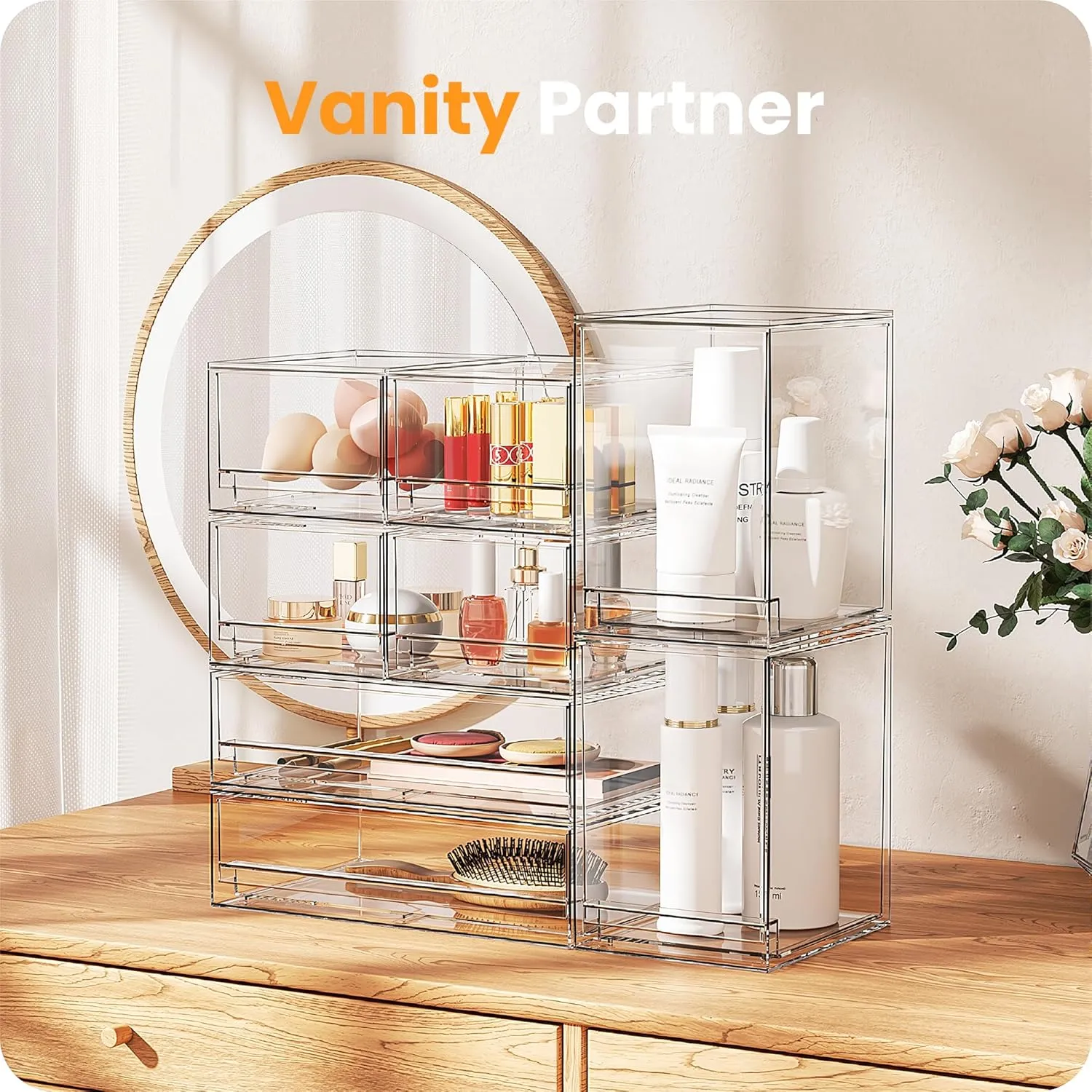 【𝟰𝗣𝗖𝗦】A-LUGEI Acrylic Stackable Storage Drawers, 11.8"W Makeup Organizer, Bathroom Organizer and Storage, Plastic Storage Bins for Kitchen Cabinet Pantry Medicine Fridge