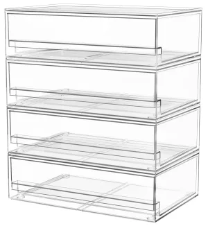 【𝟰𝗣𝗖𝗦】A-LUGEI Acrylic Stackable Storage Drawers, 11.8"W Makeup Organizer, Bathroom Organizer and Storage, Plastic Storage Bins for Kitchen Cabinet Pantry Medicine Fridge