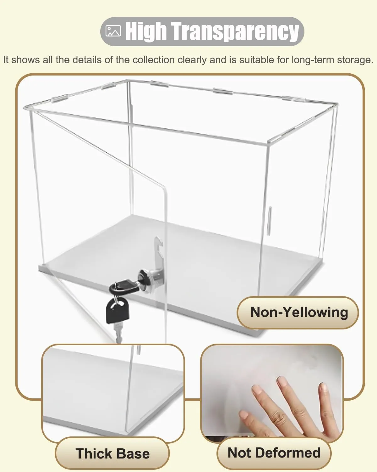 Acrylic Display Case 4 inch / 6 Inch / 8 Inch / 18 Inch Long Action Figures Display Case with Lock, White Base Acrylic Showcase Cabinet for Collectibles, Countertop Box(15x15x20cm(6x6x8in))