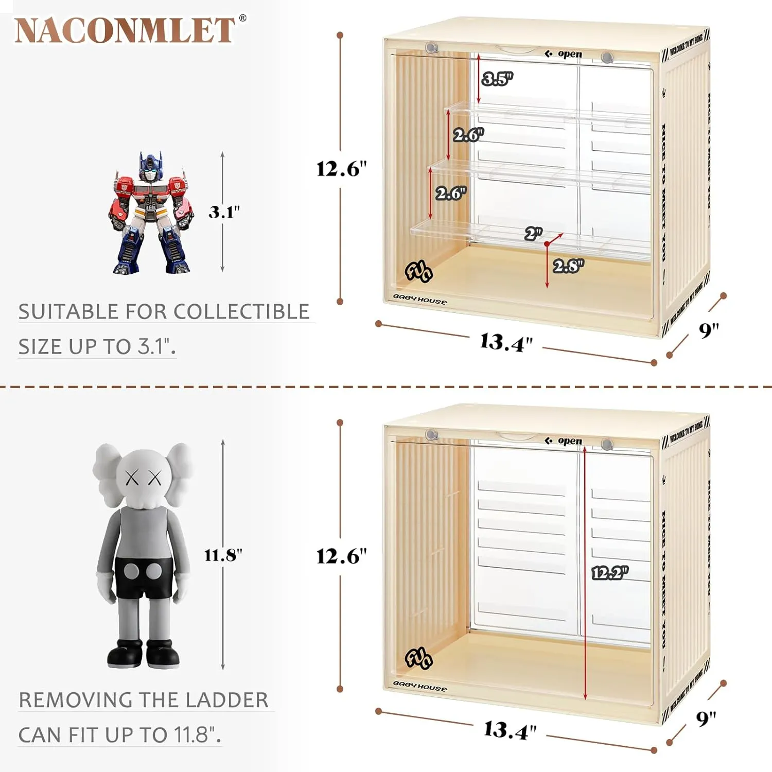 Acrylic Display Case for Action Figures-Lighted Stackable Acrylic Showcase with Detachable Shelves, Magnetic Door Closure,Dustproof Perfect for Collectibles 13.4"x9"x12.4"inches