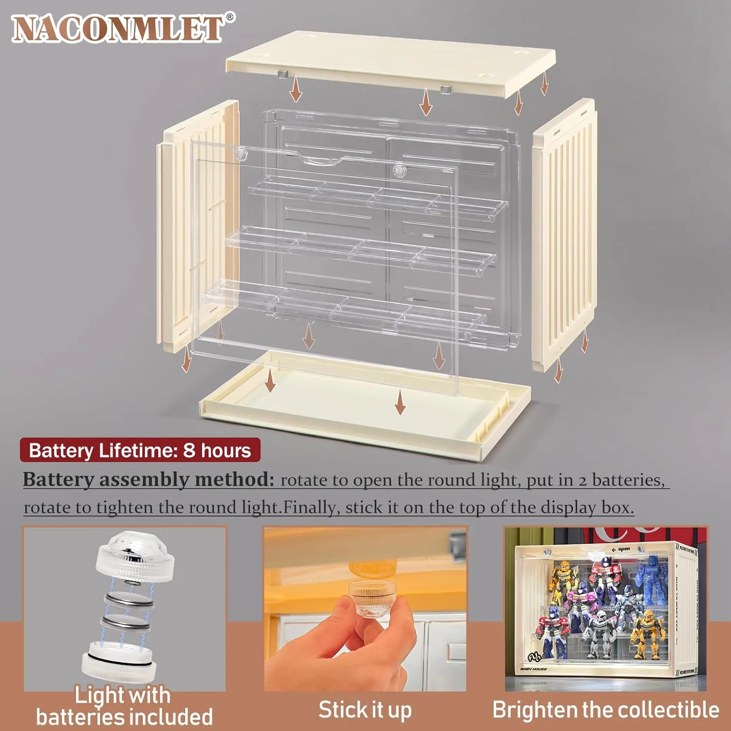 Acrylic Display Case for Action Figures-Lighted Stackable Acrylic Showcase with Detachable Shelves, Magnetic Door Closure,Dustproof Perfect for Collectibles 13.4"x9"x12.4"inches