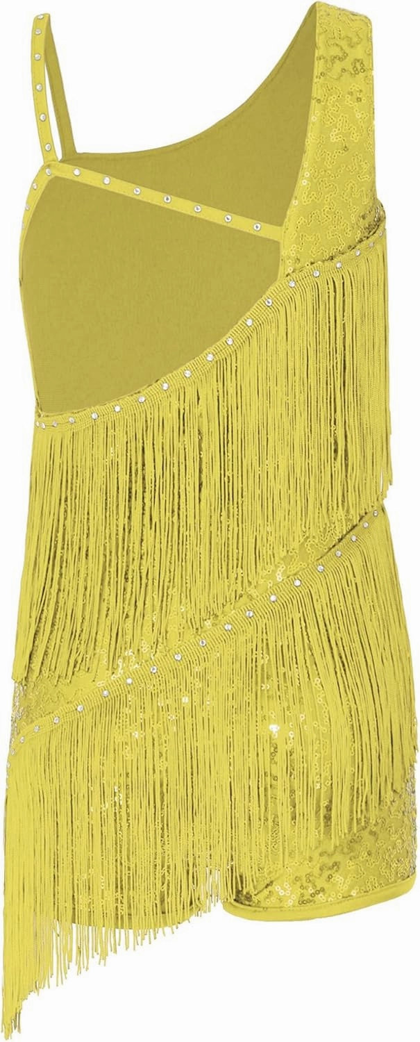 ACSUSS Kids Girls Latin Ballroom Dance Dress Sequin Tassel Skirt Leotard Modern Cha Cha Jazz Samba Dancewear