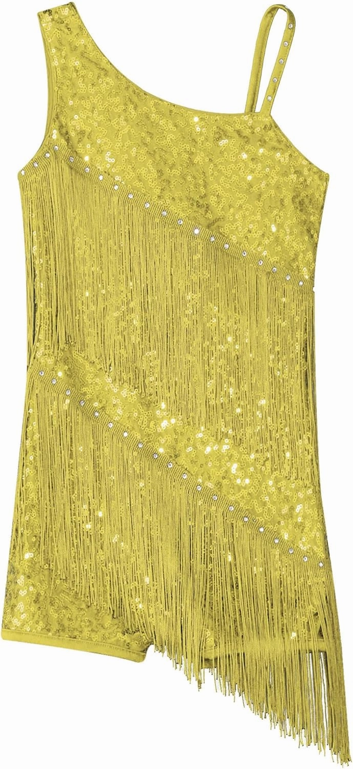 ACSUSS Kids Girls Latin Ballroom Dance Dress Sequin Tassel Skirt Leotard Modern Cha Cha Jazz Samba Dancewear