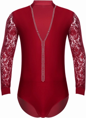 ACSUSS Men Professional Latin Salsa Samba Chacha Bodysuit Floral Lace Long Sleeve Modern Dance Shirts