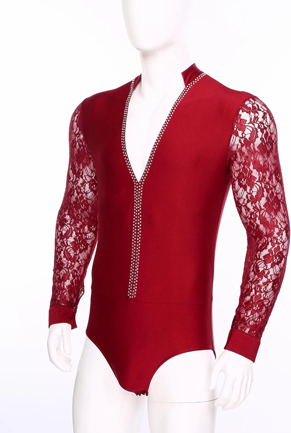 ACSUSS Men Professional Latin Salsa Samba Chacha Bodysuit Floral Lace Long Sleeve Modern Dance Shirts