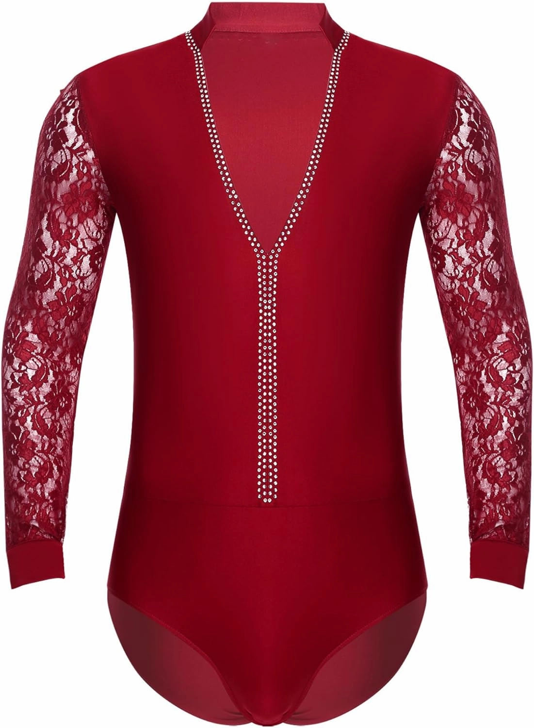 ACSUSS Men Professional Latin Salsa Samba Chacha Bodysuit Floral Lace Long Sleeve Modern Dance Shirts