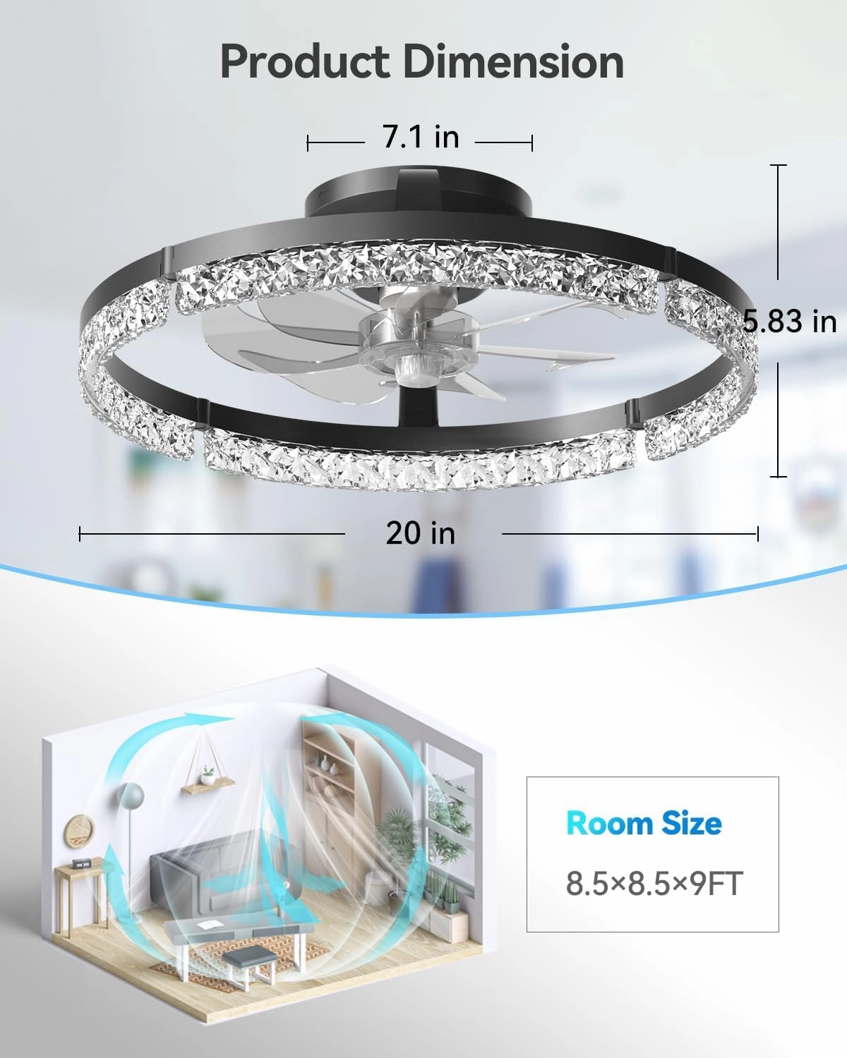 addlon Ceiling Fans with Lights and Remote, 20'' Low Profile Ceiling Fans, 3000-6000K Dimmable Modern Flush Mount LED Fan Light, Fandelier Ceiling Fan for Bedroom, Kitchen, Living Room, Black