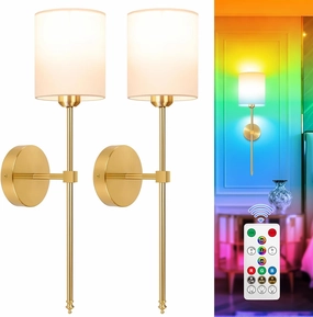 Adetu Wall Lights Battery Operated Wall Sconces Set of 2, 5CCT Gold Rechargeable Wall Lamp with Remote & Bulbs,10 RGB Dimmable Colors Wireless Wall Sconces for Bedroom Living Room Decor