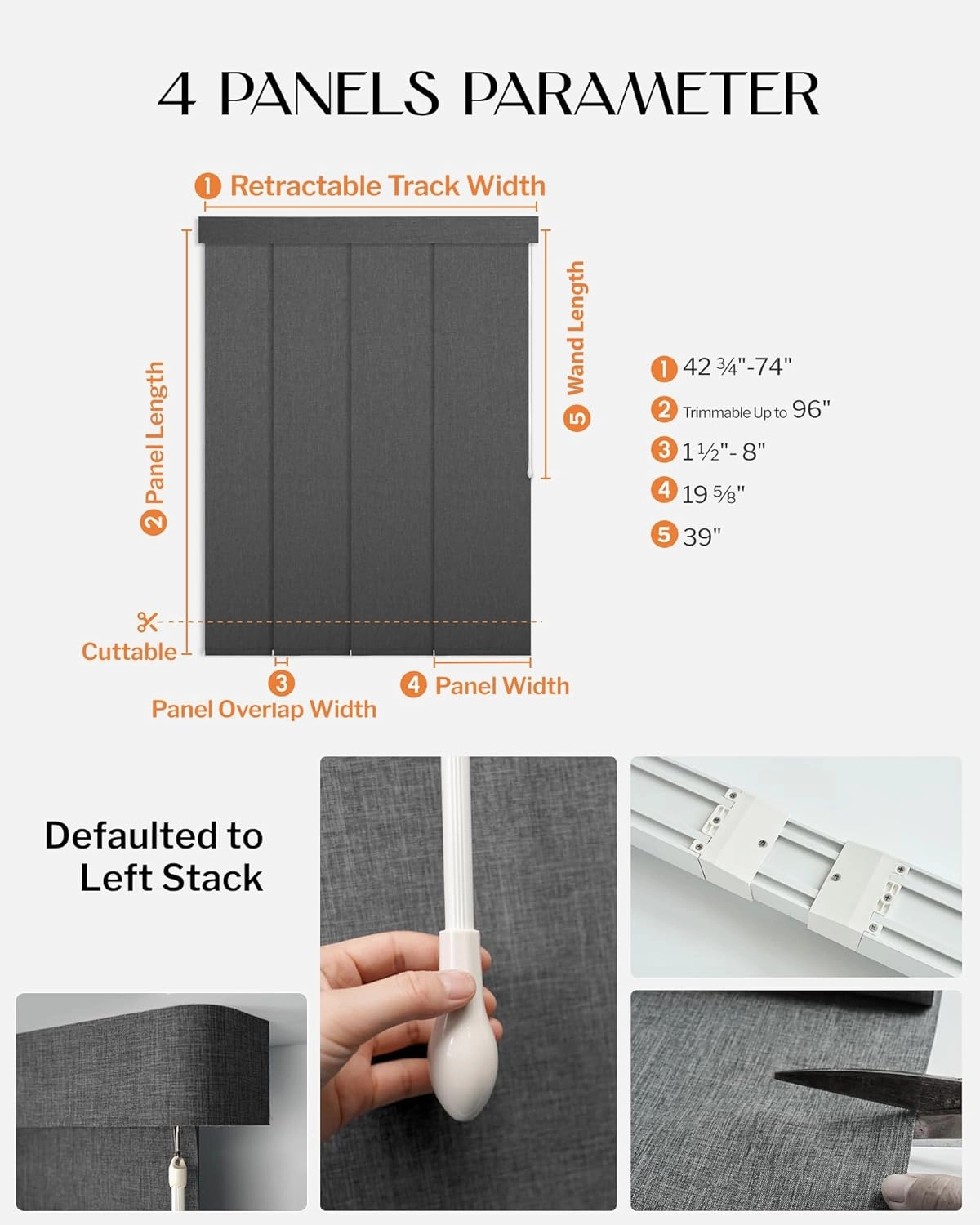 Adjustable Panel Track Blinds Blackout Vertical Blinds with Valance, Sliding Glass Door Blinds, Room Dividers, Retractable Track from 42" to 74" W, Trimmable Panel Up to 96" H (Dark Grey)